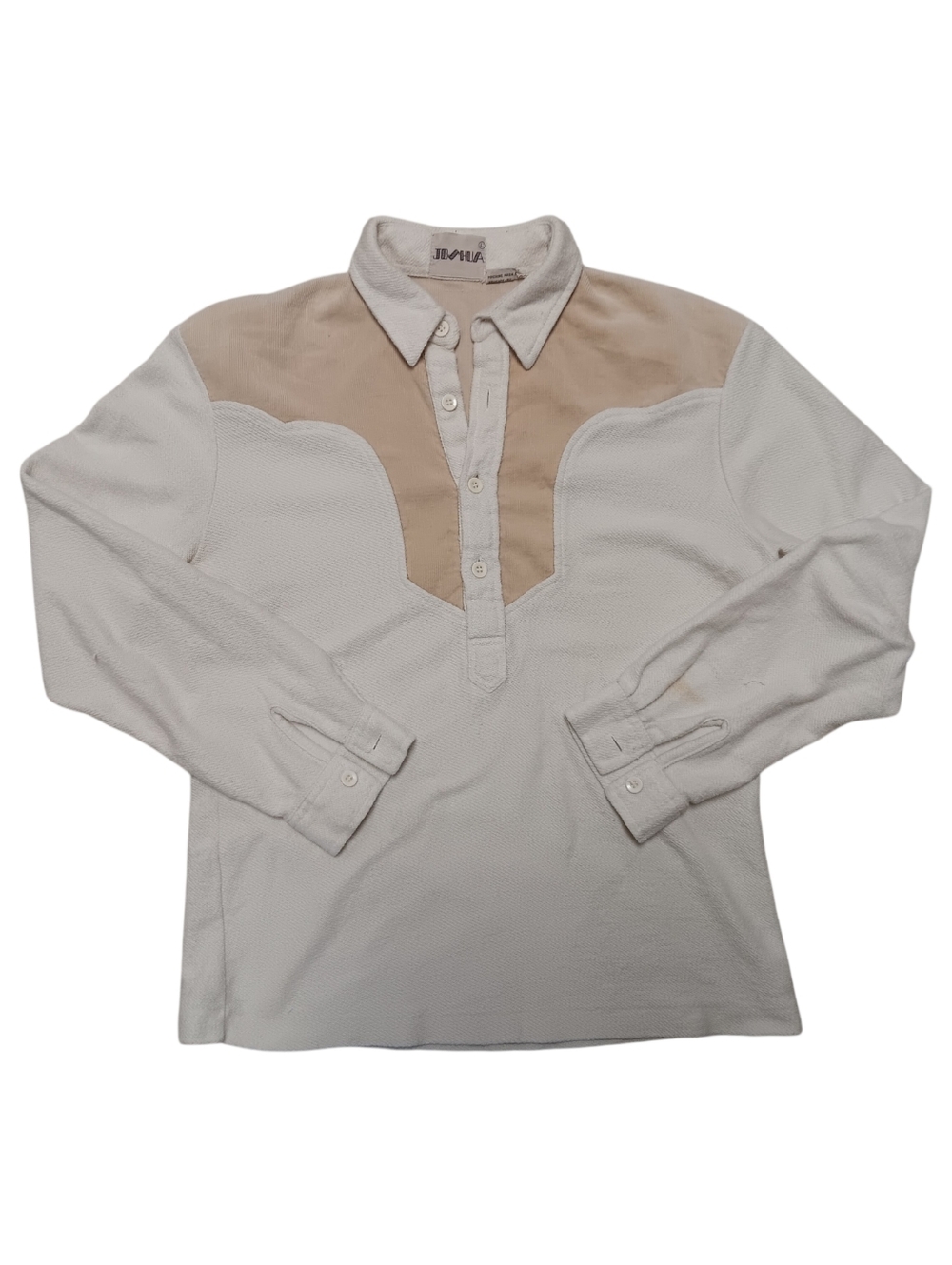 80s Joshua Western Yoke Long Sleeve - Cream & Tan Terry Cloth Material - L